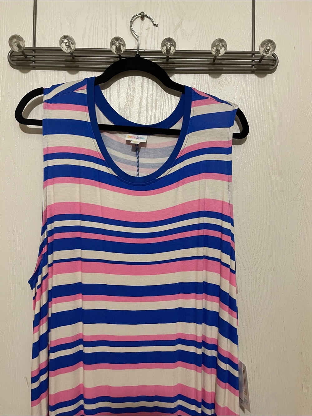 LuLaRoe Charlotte Striped Sleeveless Dress in Blue Pink & White Pockets 3XL BNWT